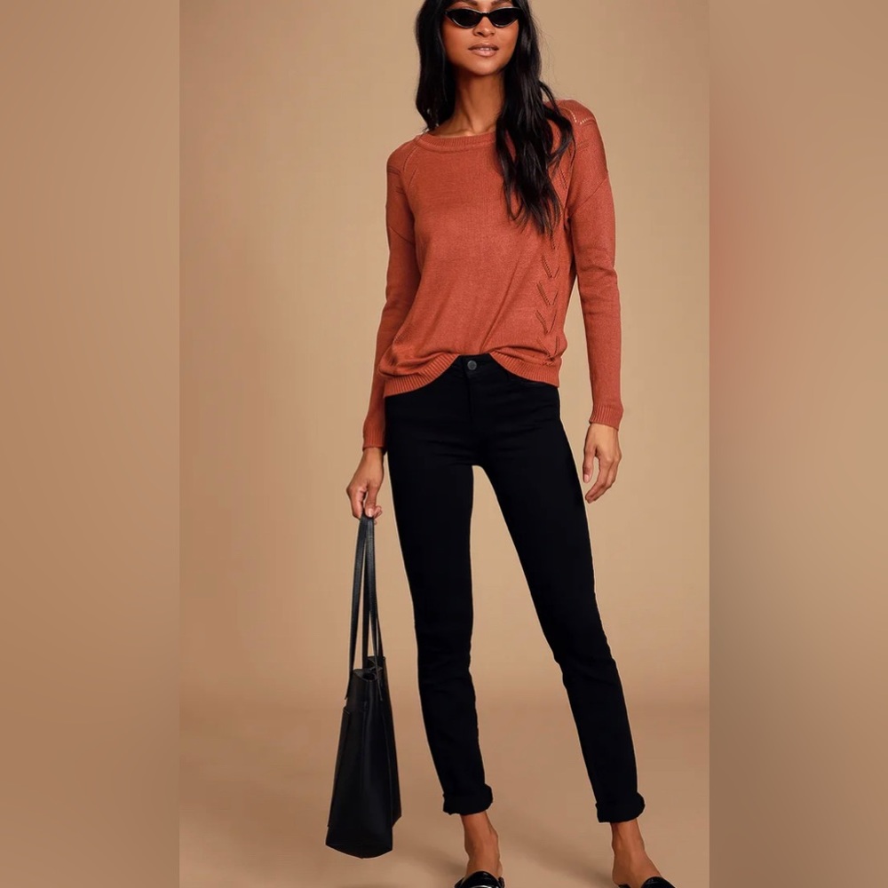 Lulus Pointelle Me More Rust Orange Knit Sweater